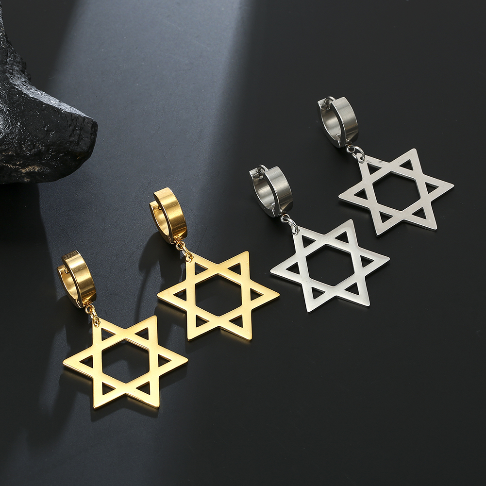 Lucktune Heartagram Star Dangle Clip Earrings Women Stainless Steel Heart Pentagonal Earrings Couple Goth Jewelry Birthday