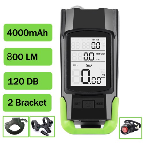Wireless Bicycle Computer MTB Cycling Bike Odometer Stopwatch Speedometer Integrated 800LM Headlight 120DB Horn Accessories: Green D