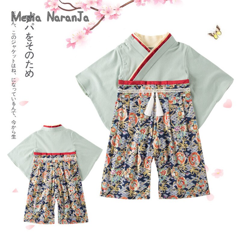 Jungen Frühling Herbst Lange Ärmeln Baby Gesamt Japanischen Stil Große Blume Gedruckt Kleidung Kimono Strampler