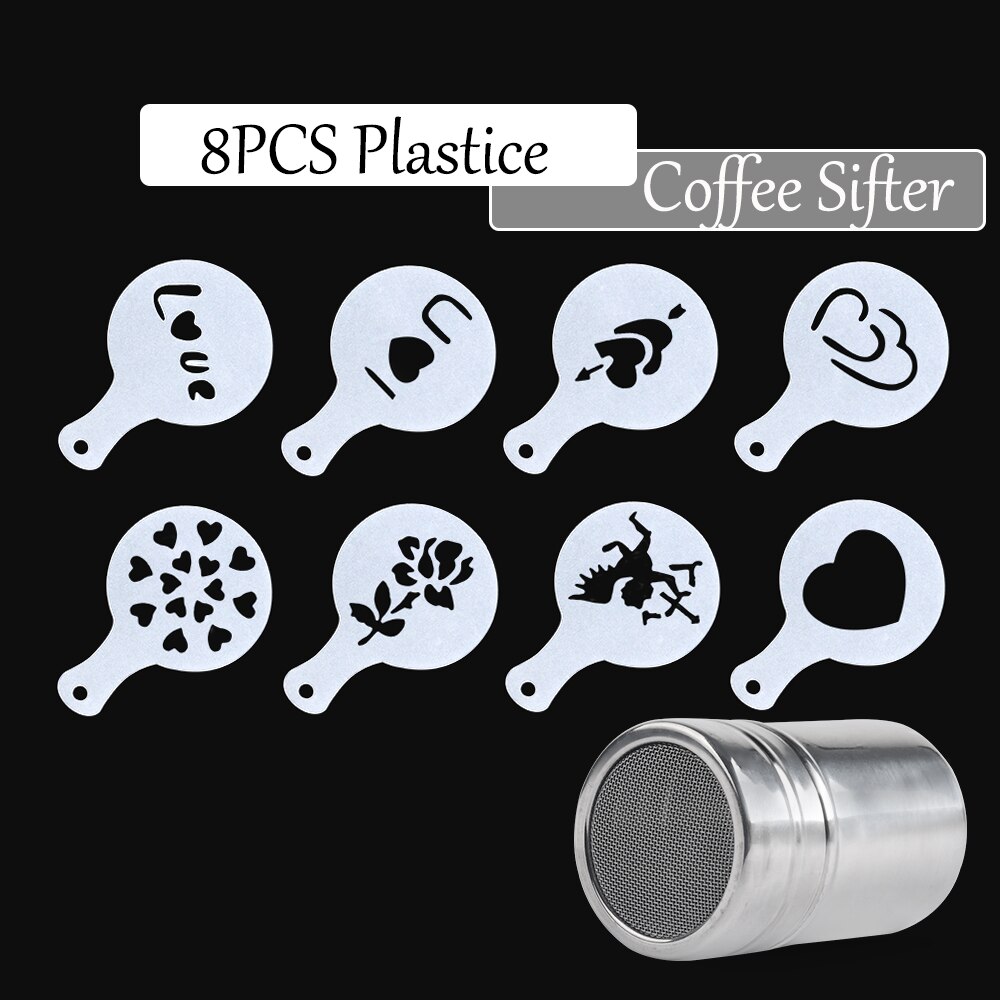 Fancy kaffe tryk model skum spray kage stencils kaffe sigte kaffe tegning cappuccino form pulveriseret sukker si værktøjer: 8 stk 1 sigte