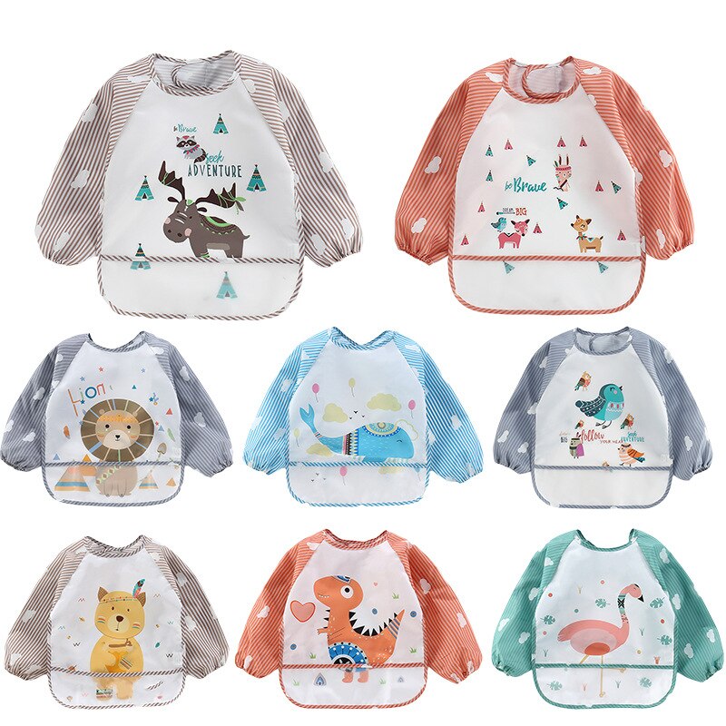 Cartoon Colorful Baby Bibs Long Sleeve Art Apron Animal Smock Baby Bib Burp Clothes Soft Feeding Eat Toddler Waterproof Smocks