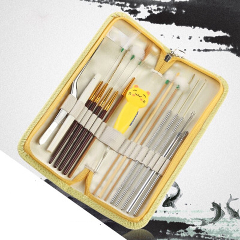 16 stuks oorsmeerverwijderaar, oorreiniger, handgemaakte oorstokjesset, gezondheidszorggereedschap met leren etui