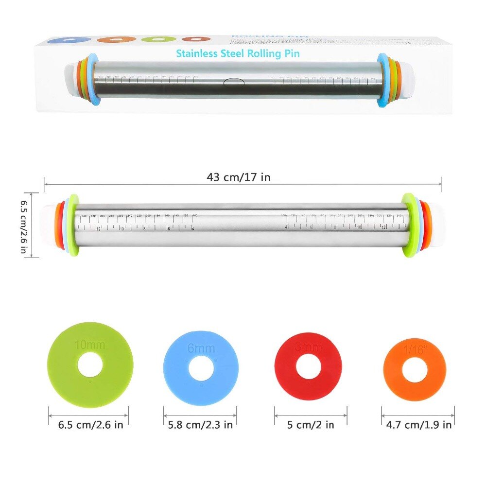 Verstelbare Rvs Deegroller Met Deeg Mat Deeg Roller met 4 Verwijderbare Verstelbare Dikte Ringen