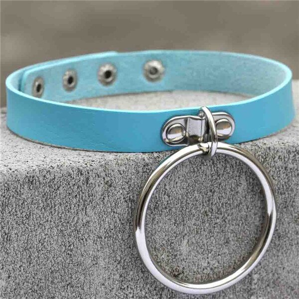 Punk Rock Dark Harajuku O Circle Leather Collar Choker Necklace Jewelry: blue