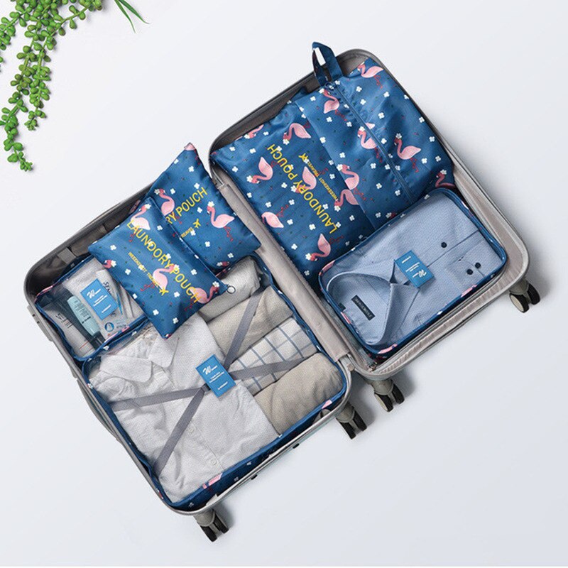 7 pçs/set organizador de viagem roupas kit acabamento partição portátil bolsa saco cosméticos sacos armazenamento acessórios viagem para casa: Dark blue flamingo