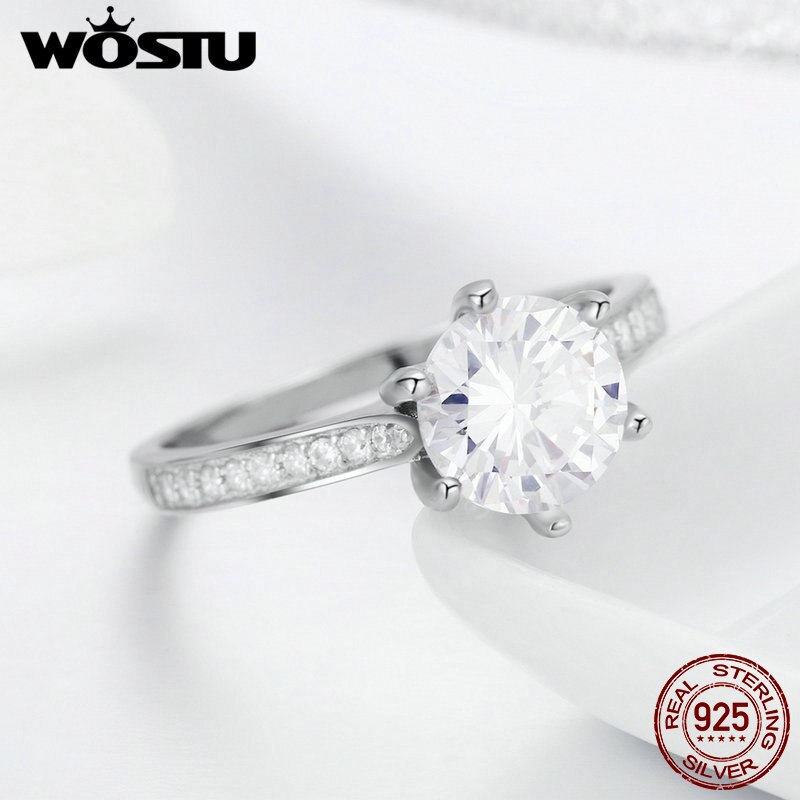 Wostu 925 Sterling Zilveren 3 Carat Aaaaa Ronde Cz Vinger Ring Voor Vrouwen Luxe Wedding Anniversary Engagement Sieraden CQR342