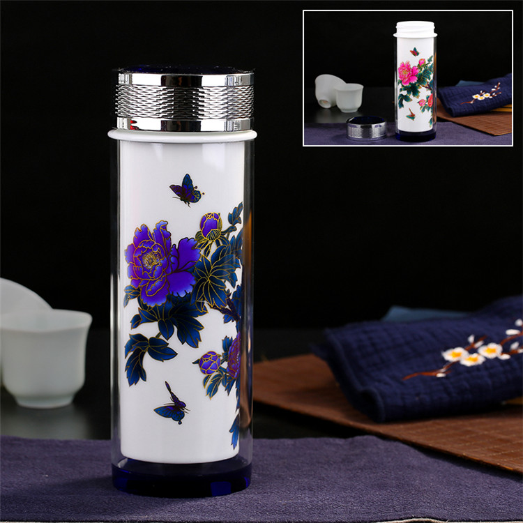 Vintage kinesisk färgförändring glaskeramik termos retro blå vit porslin termos termokopp vakuumkolv tekopp: Nationell blomma