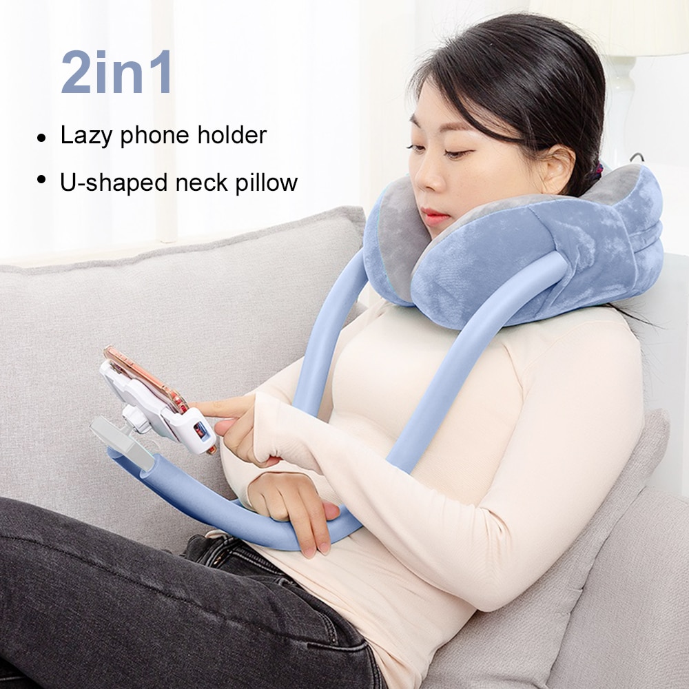 2-in-1 U-Shaped Neck Pillow With Gooseneck Tablet Phone Holder, Memory Foam Nap Pillow with Flexible Phone Reading Holder,