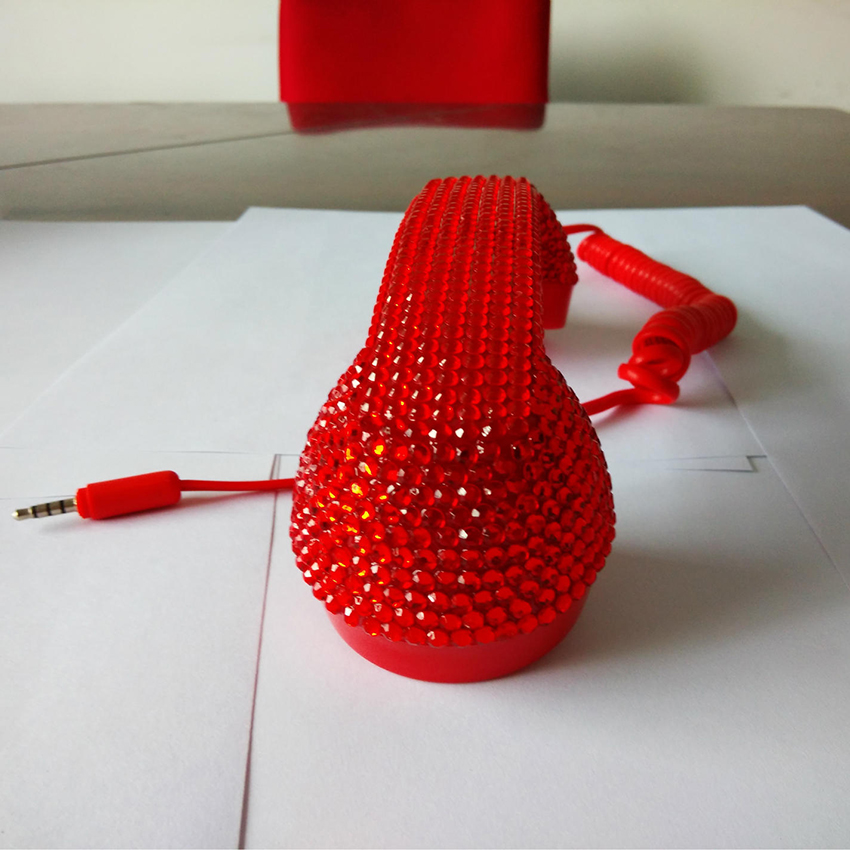 Ensemble de téléphone portable rétro diamant cristal, Mini Microphone haut-parleur, casque pour téléphones mobiles, ordinateur, rouge, 3.5mm