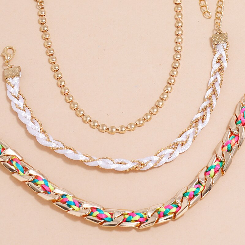 3 Pcs/Set Women Colorful Braided Leather Anklets Set By Chain Gold Bead Multilayer Adjustable Anklet for Women Beach Jewelry