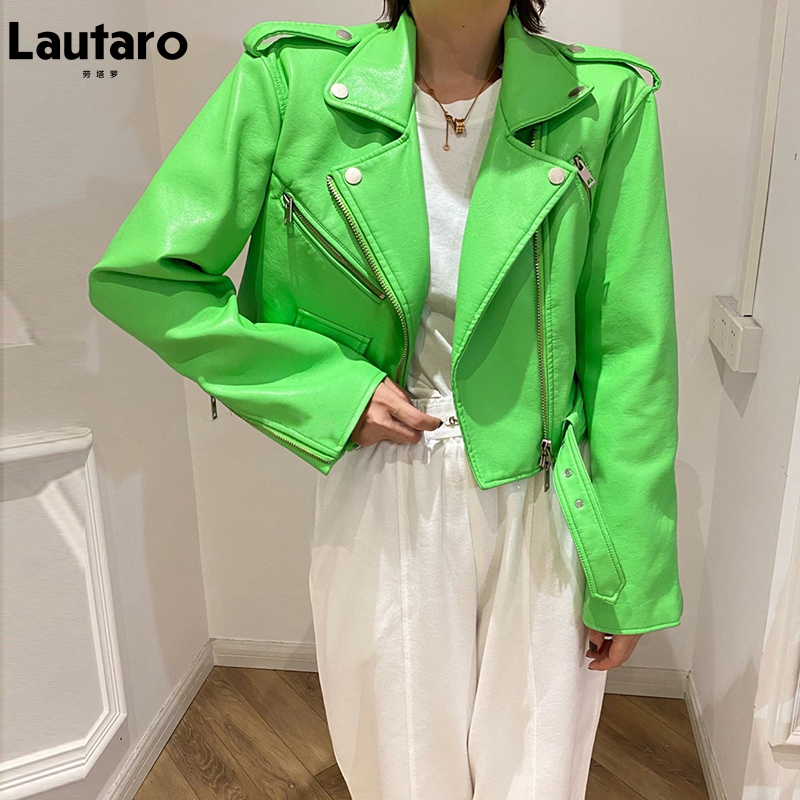 Lautaro-korte groene gekko biker leren jas voor dames, lange mouw, ritsriem, gekleurde stijlvolle bovenkleding, Y2K mode, 2024