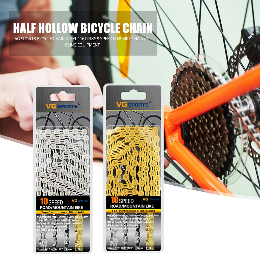 VG Sports Bicycle Chain 8 9 10 11 Speed Bicycle Chain Ultralight Bike Chain 116 Links MTB Road Bike Half Hollow Chain Bike Tools
