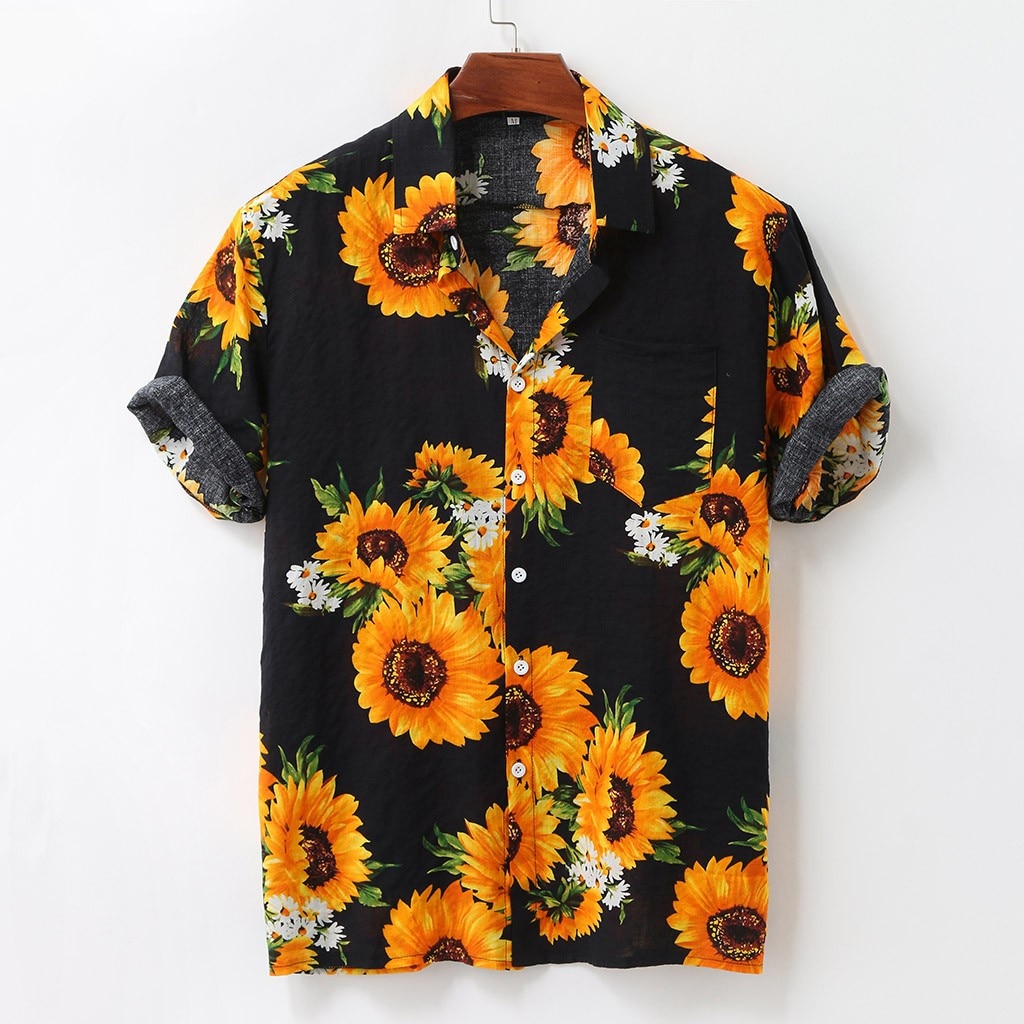 Herre skjorter farverige sommer korte ærmer løse knapper hawaiian solsikke print afslappet skjorte blusas mænd skjorter: -en / L