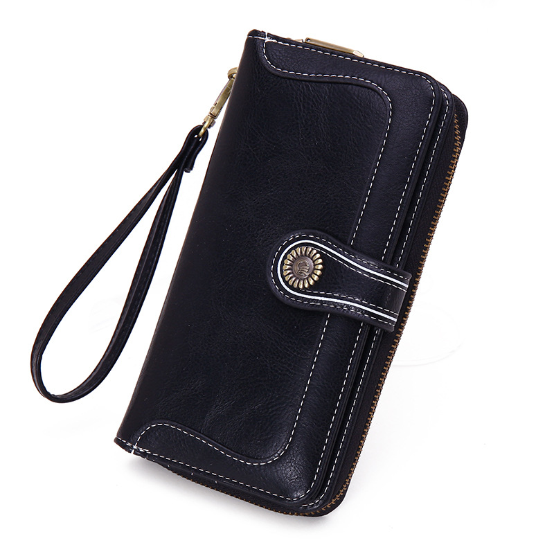 2022 Long Women Wallets Phone Holder Zipper Coin Pocket Female Wallet Clutch Vintage PU Leather Card Holder Women Purse: Black