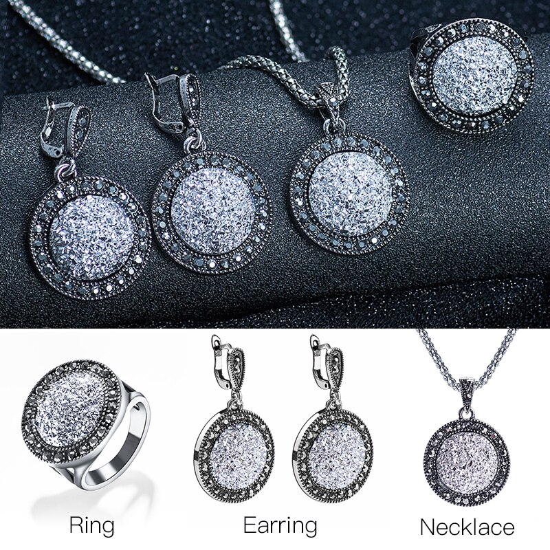 MISANANRYNE Vintage Schwarz Edelstein Schmuck Set Frauen Schmuck Set Antike Silber Kristall Runden Stein Anhänger Halskette Sets