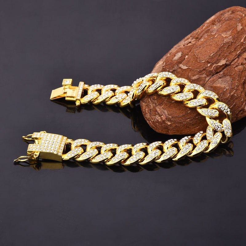 Hip hop-pulsera con diamantes de imitación para hombre, brazalete de 20cm de largo con eslabones cubanos de Miami, joyería