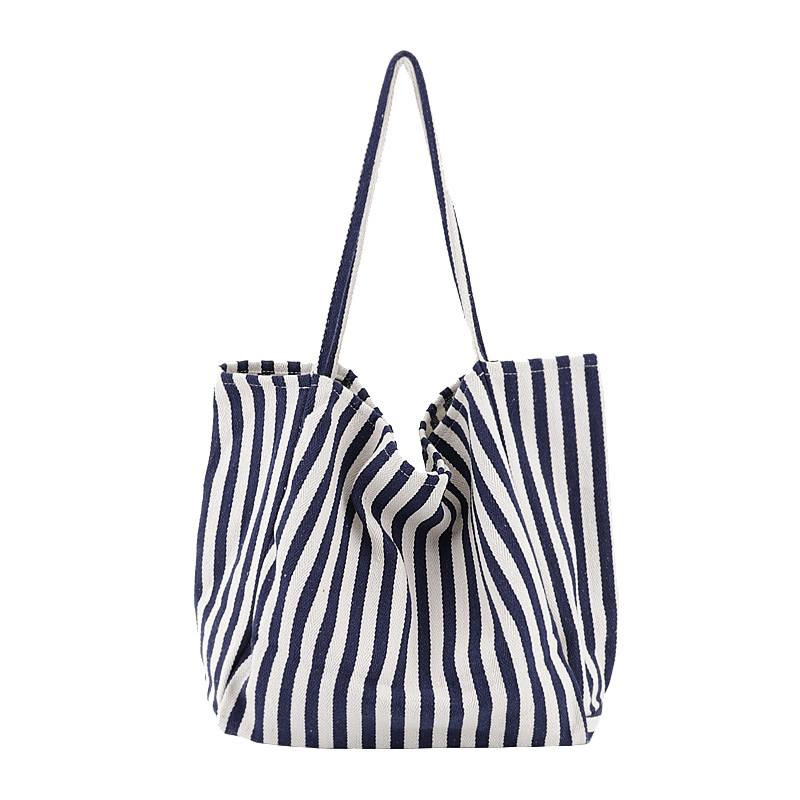 Bolso de compras grande de lona para mujer bolso de mano reutilizable de tela a rayas de bolso de hombro de ocio bolso de comprador ecológico de gran capacidad: thin strip blue