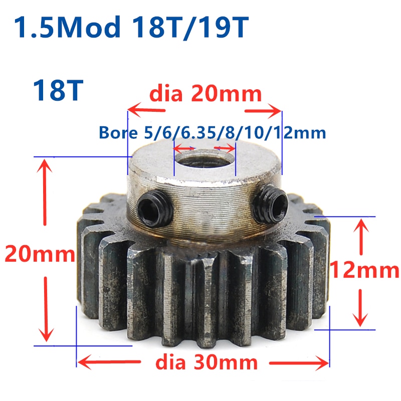 Pignon d&#39;engrenage droit 1.5M 17T 18T 19T 18 dents Mod 1.5 largeur 12mm alésage 5-12mm dents 45 # acier, engrenage cnc, transmission R
