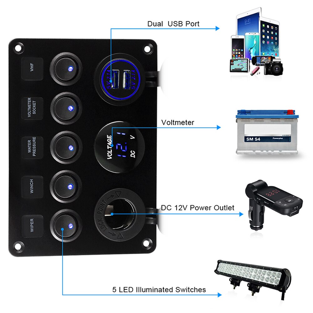 Control Panel Switch 5 Gang On-Off Toggle Usb Charger Car Ship Yacht Combination Panel With Usb Cigarette Lighter Socket
