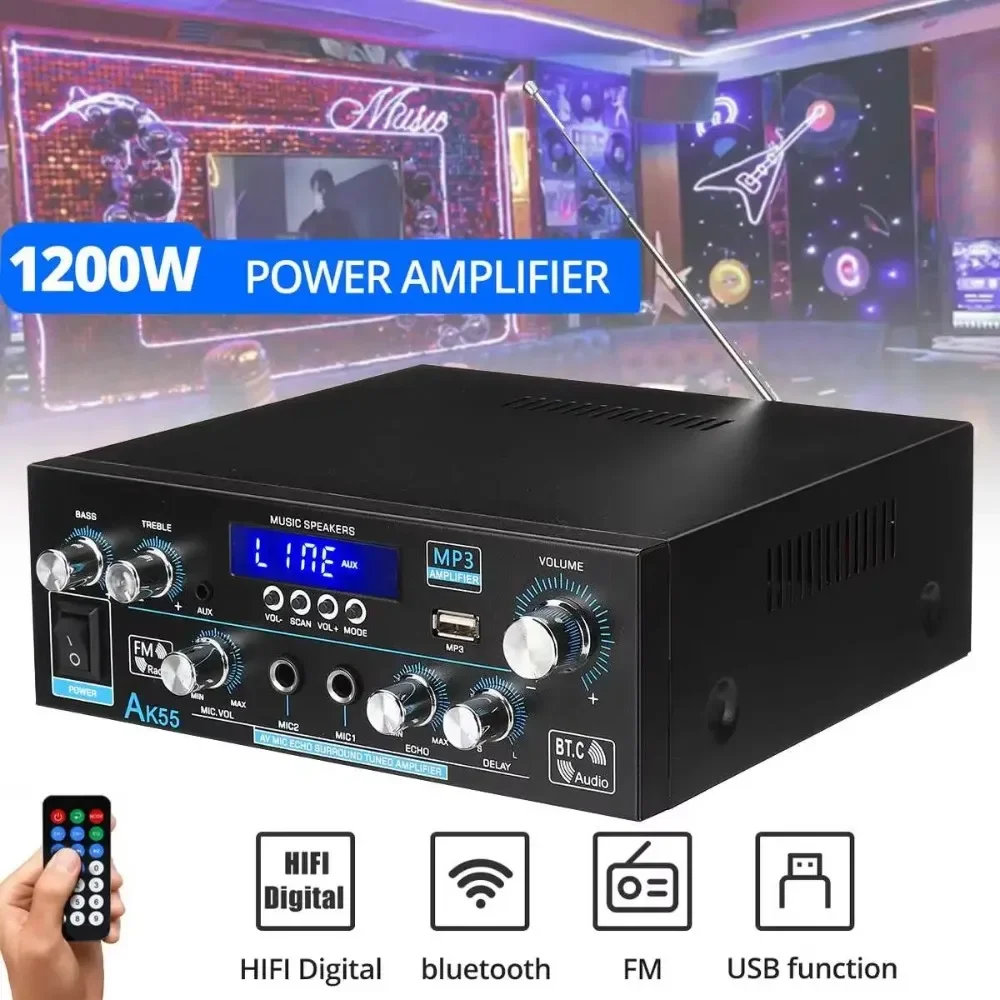 Ulepszony AK55 1200W Mini Hi-Fi cyfrowy kompatybilny z bluetooth 5.0 110-240V bezprzewodowy wzmacniacz mocy do samochodowego domowego audio