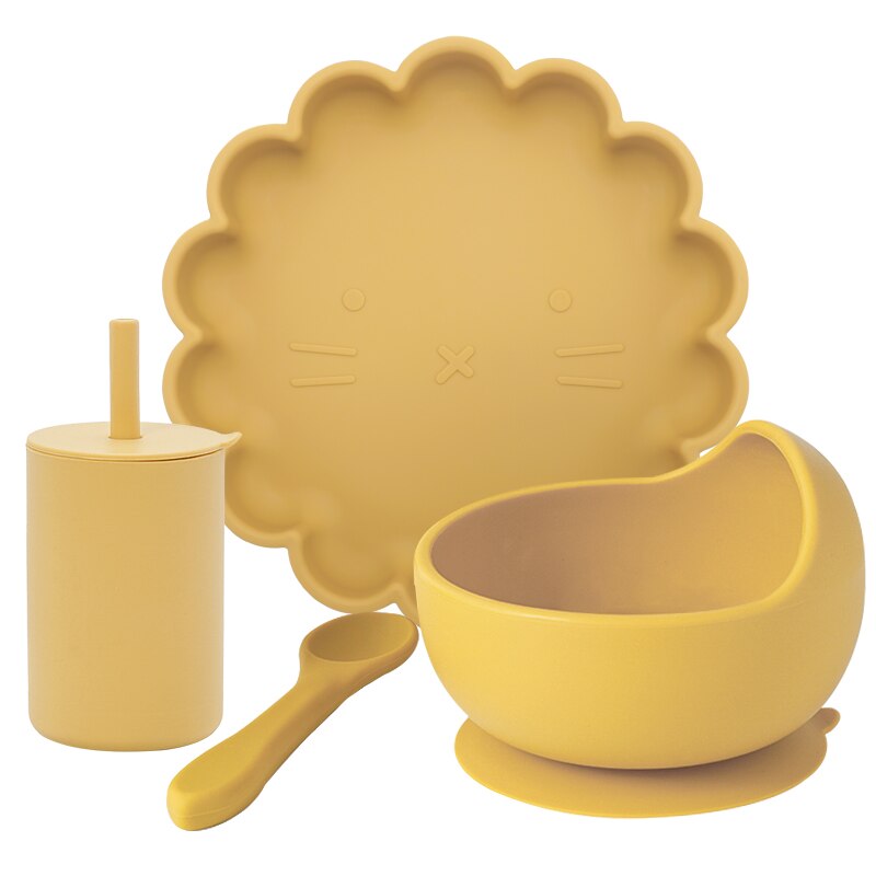 Juego de comida de entrenamiento para niños, cuenco de alimentación para bebé, plato de succión vajilla de silicona de grado alimenticio, taza de paja, artículos para bebé, 4 Uds.: 008B-mustard