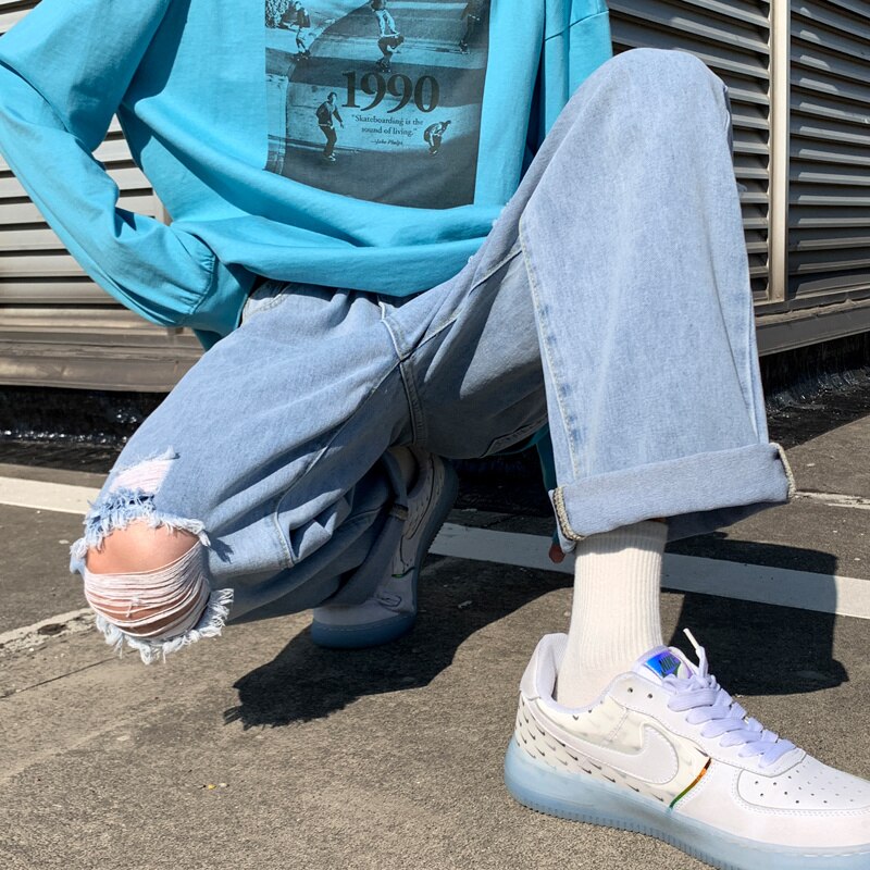 Spring Summer Blue Ripped Jeans Men Casual Straight Jeans Men Streetwear Loose Hip Hop Hole Denim Pants Mens Trousers