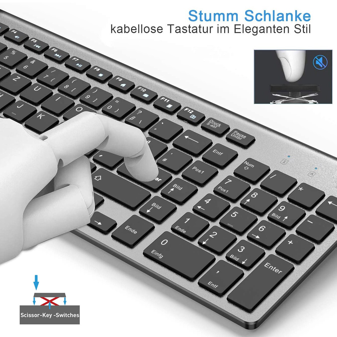 German Wireless QWERTZ Keyboard and Mouse Combo Ultra Slim 2.4G Silent Compact Scissor Key Keyboard Set for PC Laptop tv box