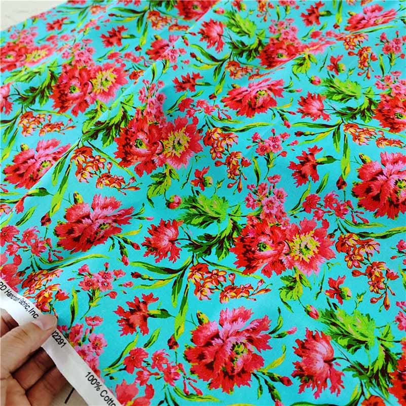 Cotton Fabric European Flower Oil Painting Pastoral for Sewing Clothes Dresses DIY Handmade by half Meter: Turquoise