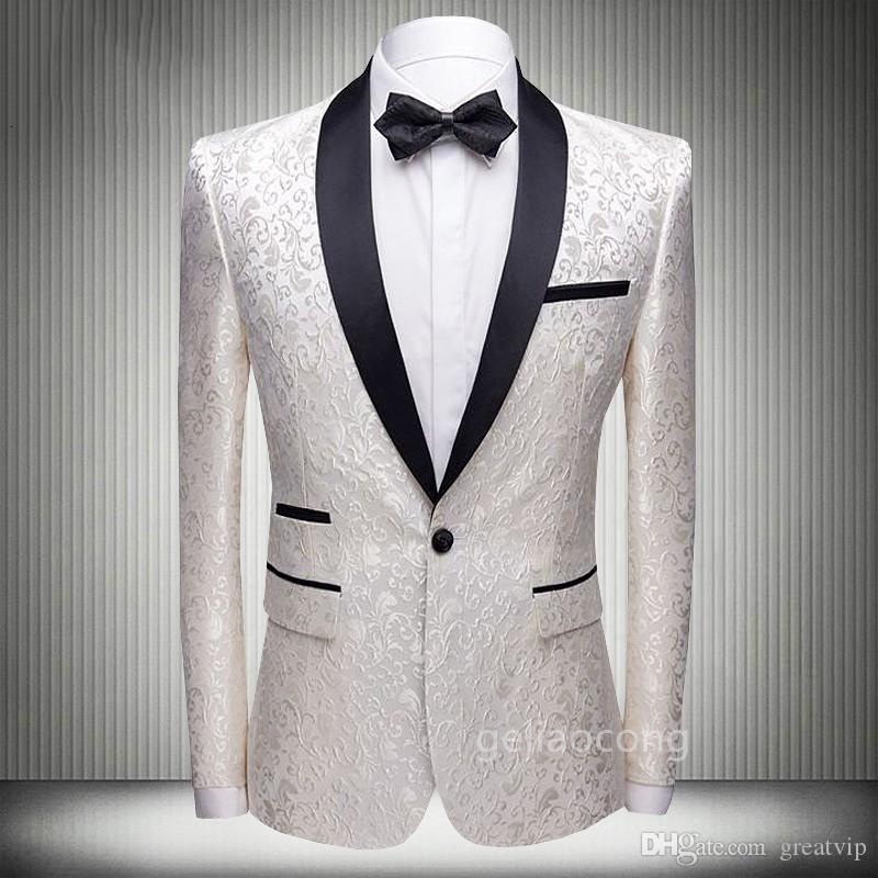 Weißer Jacquard-Blazer für Herren mit Schalkragen, Ein-Knopf-Dinnerjacke, elegante Slim-Fit-Anzugjacke, ein Mantel für die Hochzeitsfeier: M