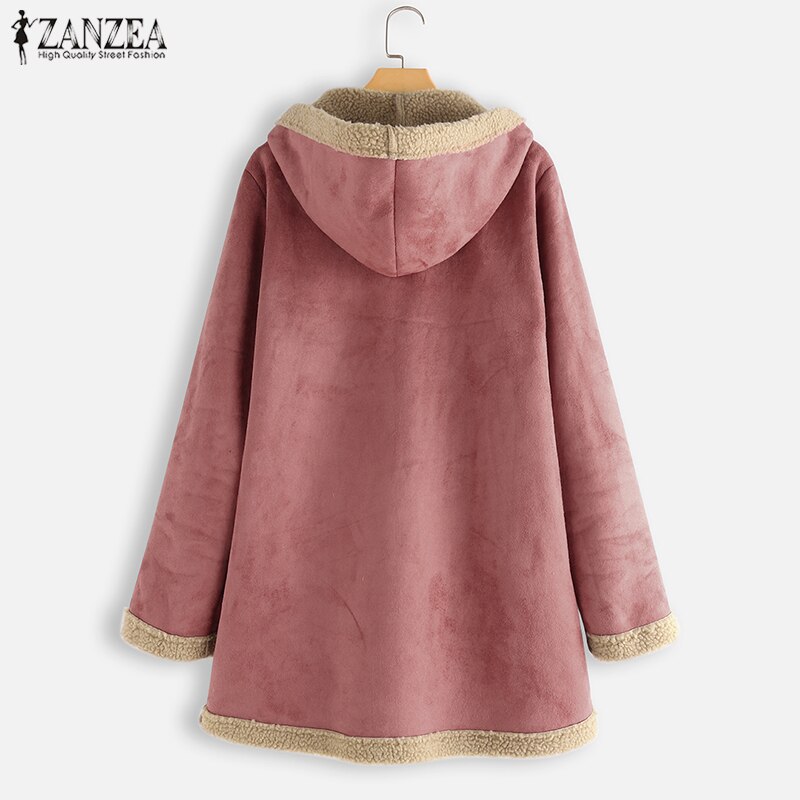 Plus Größe ZANZEA Winter Reißverschluss Vlies Jacken Frauen Jahrgang Feste Kapuze Langarm Warme Mäntel Mäntel Femme Outwear