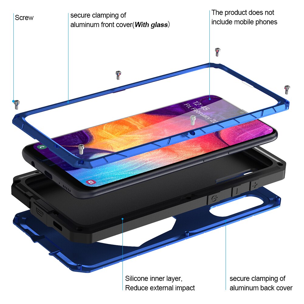 Für Samsung Galaxy A50 Telefon Fall Harte Aluminium Metall Gehärtetem Glas Screen Protector Abdeckung Heavy Duty Schutz Silicon Abdeckung