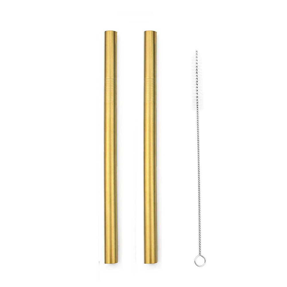 2 stücke Wiederverwendbare Breiten Metall Trinkhalme 12mm Gerade Getränke Stroh mit Reinigung Pinsel Trinken Perle Milchshake blasiert Tee stroh: Gold eben