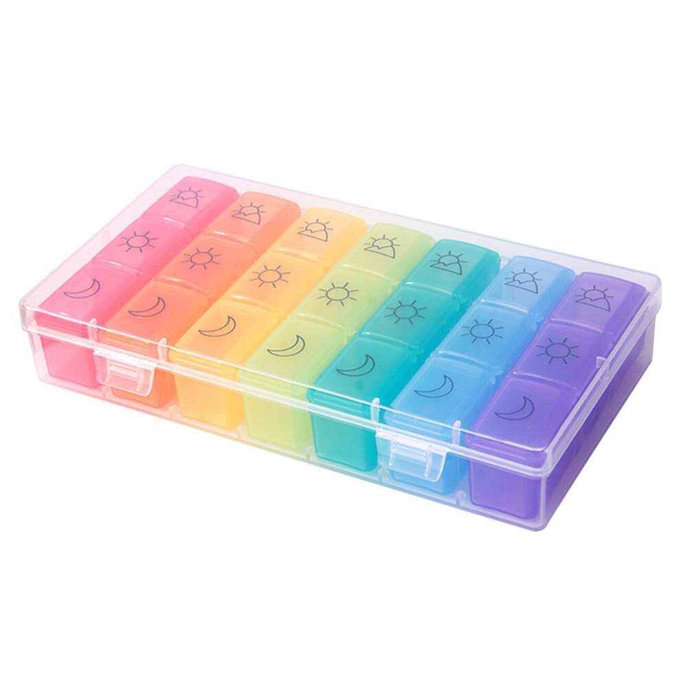 Vochtbestendig 21 Raster Kan Worden Split 7 Dagen Reizen Plastic Draagbare Geneeskunde Doos Verticale Kast Type Zeven Kleur Pil doos