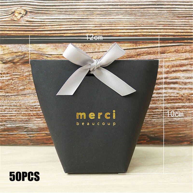 50 Stks/partij Zwart Wit Bronzing Franse "Merci" Papier Candy Bag Dank U Bonbondoos Pakket Bruiloft Verjaardag party Favor Tassen: small Merci black