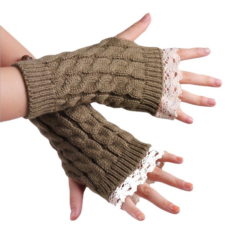 Manchons en laine pour femmes, protège-poignets allongés en dentelle, couleur unie, tricot , gants chauffe-bras, demi-doigt, hiver