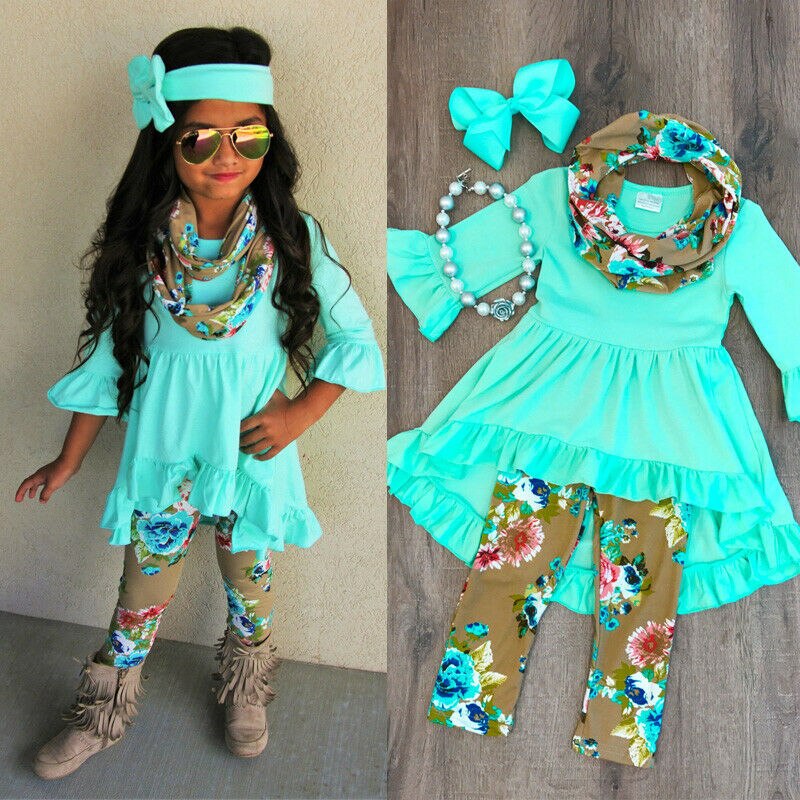 Boutique Del Bambino Dei Capretti Del Bambino Della Ragazza di Colore Solido Top del Vestito Stampato Floreale Pantaloni Legging Vestito Vestiti 1-6Y