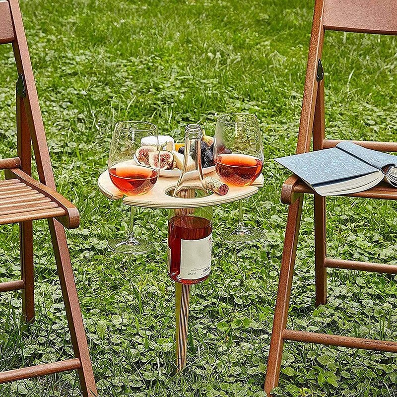 Outdoor Wine Table Portable Desktop Foldable Round Desktop Mini Wooden Picnic Table Easy Carry Wine Rack Support
