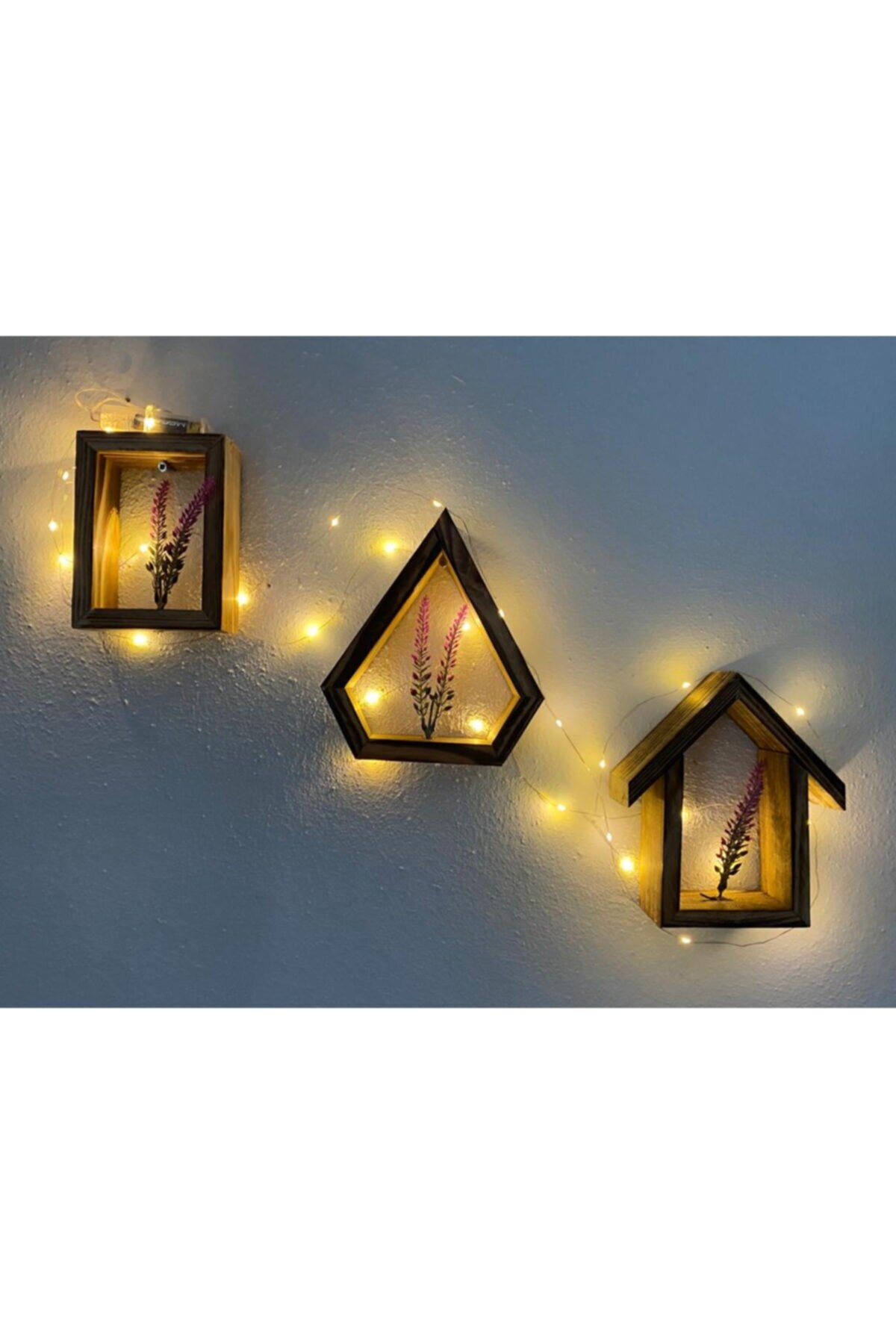 Led Light Decorative 3'lü Wooden Wall Rack