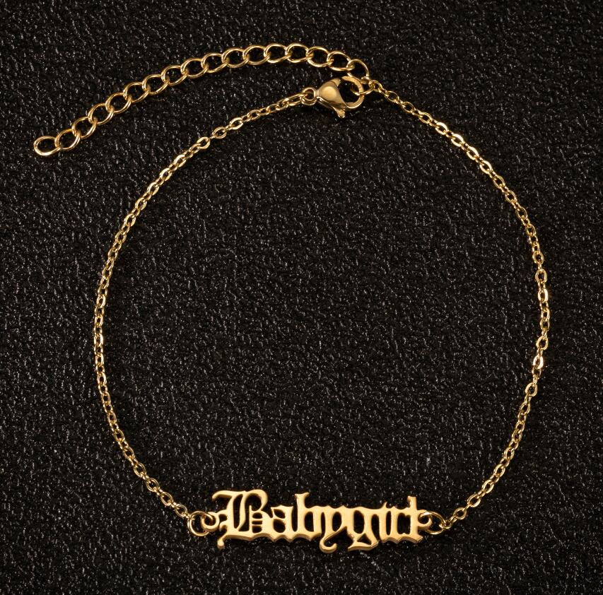 Vintage engelska bokstav ängel fotlänkar guld rostfritt stål kedja babygirl fotled armband för kvinnor fot smycken sommar strand: 13g