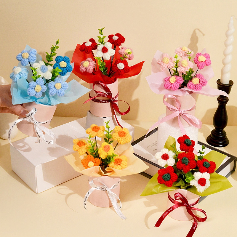 Ramo de margaritas de flores tejidas de ganchillo, del Día de la madre, flores artificiales, decoración del banquete de boda, decoración de ramo tejido DIY