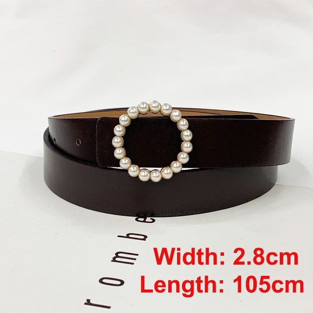 Pearl round pin buckle women simple ladies trend leather belt for women's youth brand belt: style 3-coffee
