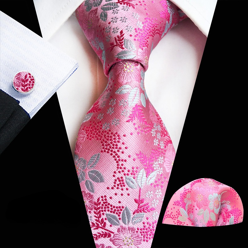 1set Men's Plum Paisley Tie Three Piece Suit Including Tie Pocket Towel Cufflinks: pink