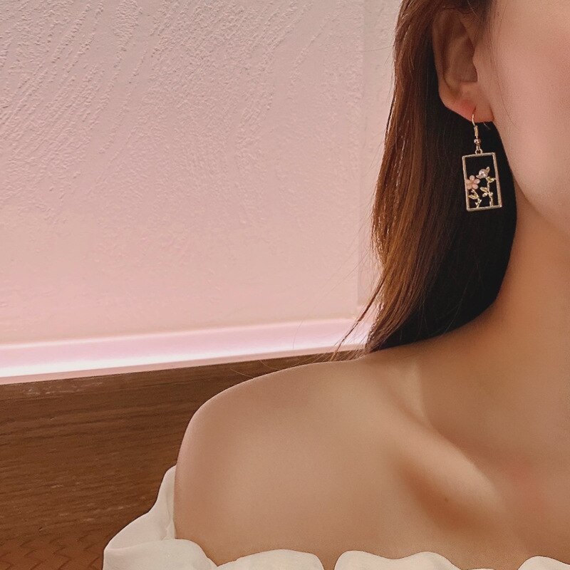 Temperamento in stile giapponese Clip quadrata vuota su orecchino imitazione perla rosa Sakura fiore orecchino a Clip senza Piercing Non forato
