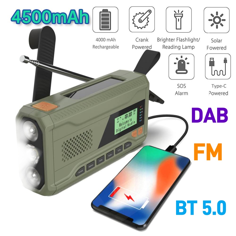 Radio de emergencia DAB/FM con Bluetooth, receptor de Radio Solar portátil, dinamo de manivela, Radio para exteriores, altavoz para acampar con linterna