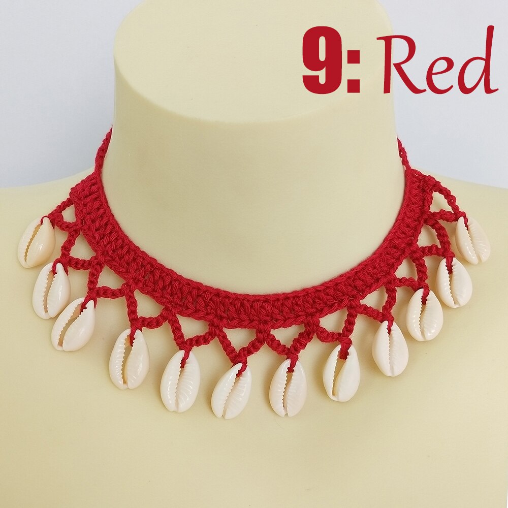 Buy 2 Get 30% Off Girl Cute Sea Shell Choker Necklace Crochet Bohemian Beach Tassel Necklace Shell Chain For Women Pendant: red