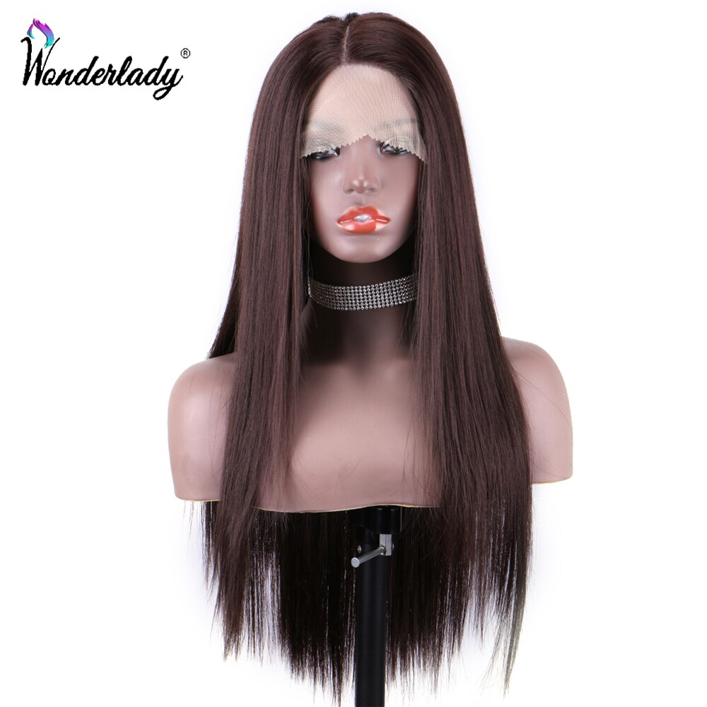 WonderLady-Peluca de encaje para mujer, pelo largo Yaki, sintético, liso, marrón y negro, frontal, color azul y morado