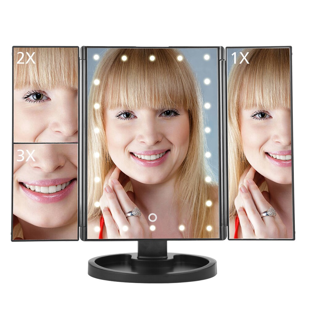 Adjustable 1X 10X Magnifier LED Light Makeup Mirror Touch Screen Desktop Countertop Bright USB Cable Battery Use Beauty Mirror: 3 Folding Black