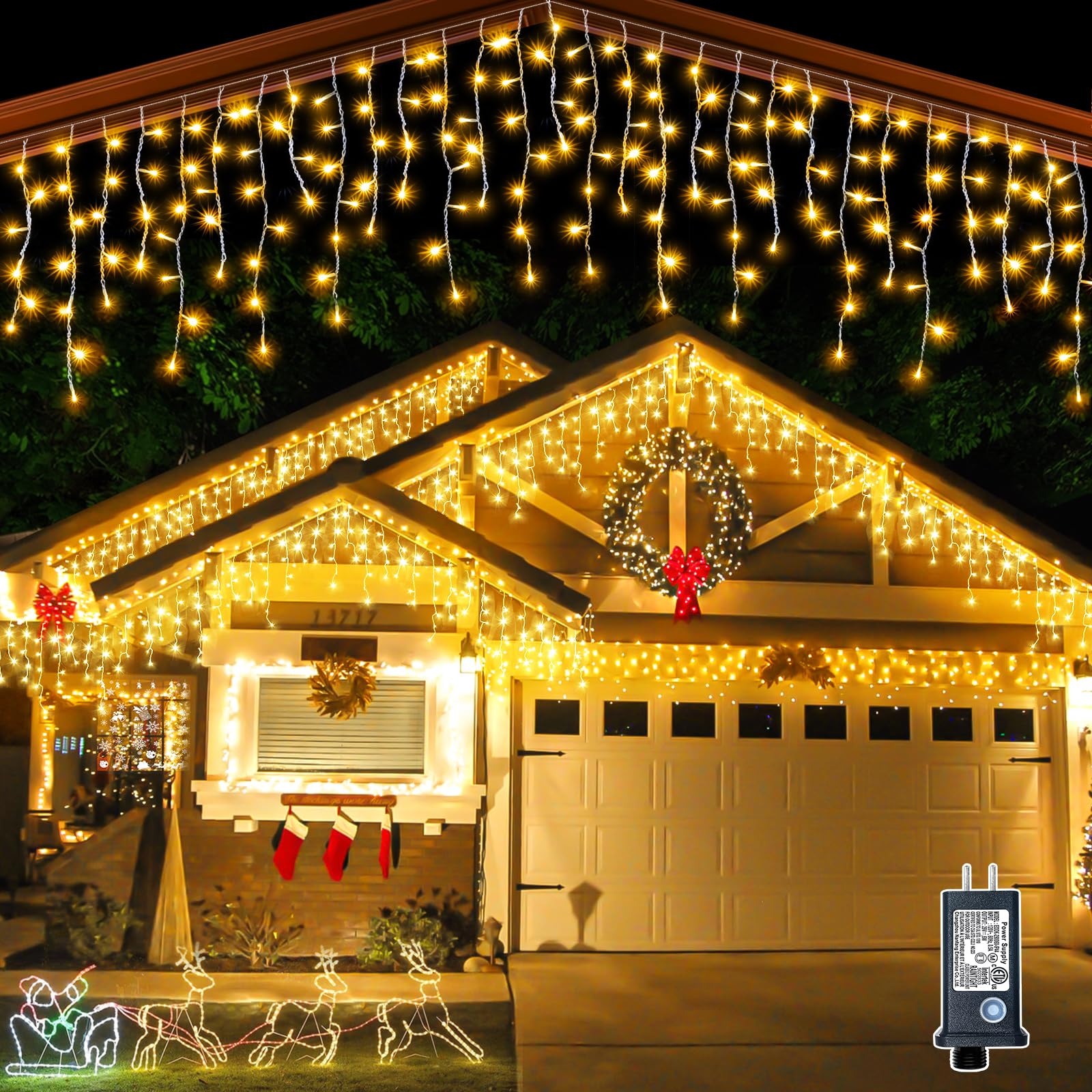 Feston de Noël Led Glaçon Rideau Lumières Extérieur 4M (W) * 0.6M (H) Blanc Flash Fée Guirlande Lumière Fil Clair Décorations Du Nouvel An 2025 Pour Mariage/Maison/Maison/Saint-Valentin/Noël/Avant-toit Décor: 21-30W / X / prise ue