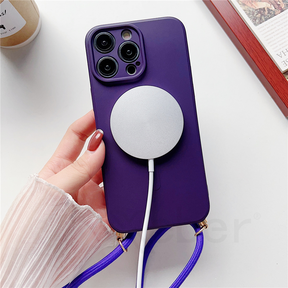 Funda magnética de silicona líquida con cordón cruzado para iPhone 16 15 Pro Max 14 13 12 11, collar para cubierta de carga inalámbrica Magsafe