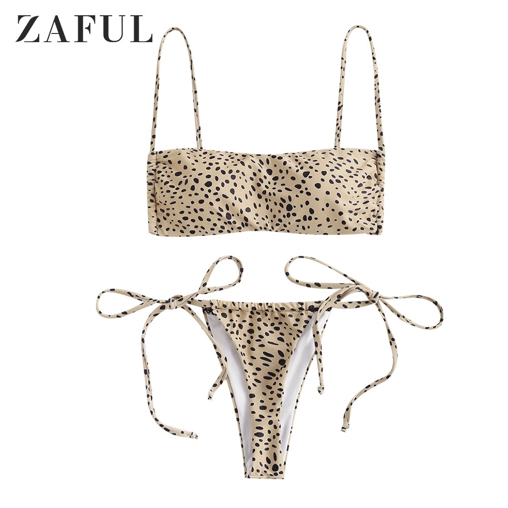 Zaful Gewatteerde Tijgerprint String Bikini Badmode Cami Animal Print Twee Stukken Badpak: Coffee / M